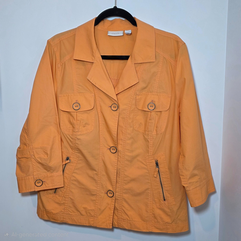 Chico’s Blazer Jacket Women’s XL Size 3 Orange 3/4 Sleeve Cotton Button Pockets